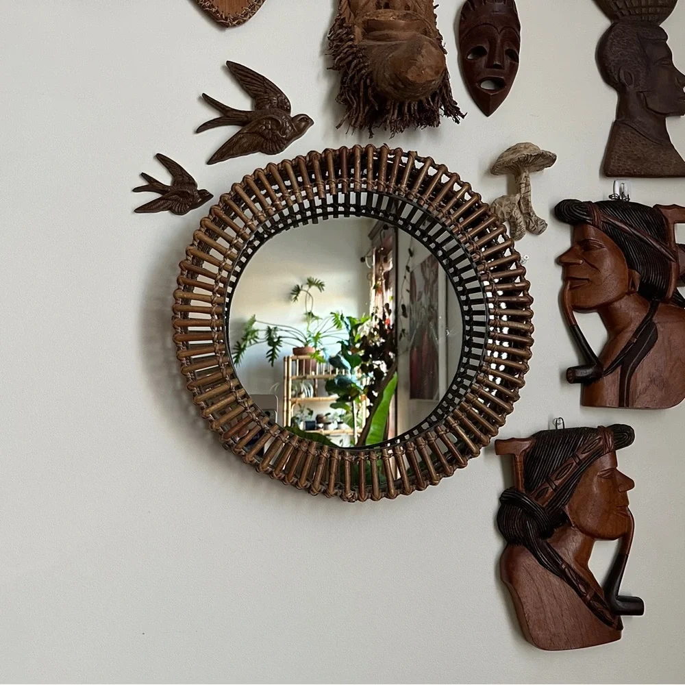 Vintage Round Rattan Wall Mirror by Umbra Matt Carr MCM Boho Brown